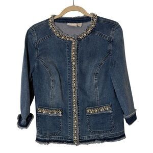 Chico’s Denim Jacket Balzer with Chain and Pearl Accent Details Size 1 Small